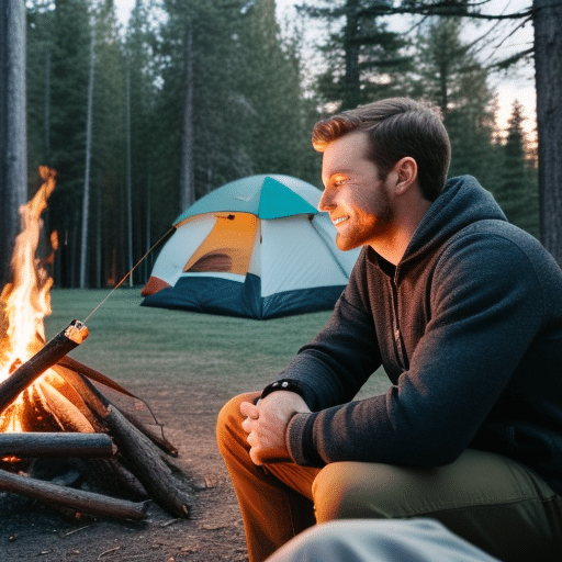 Man Camping around campfire