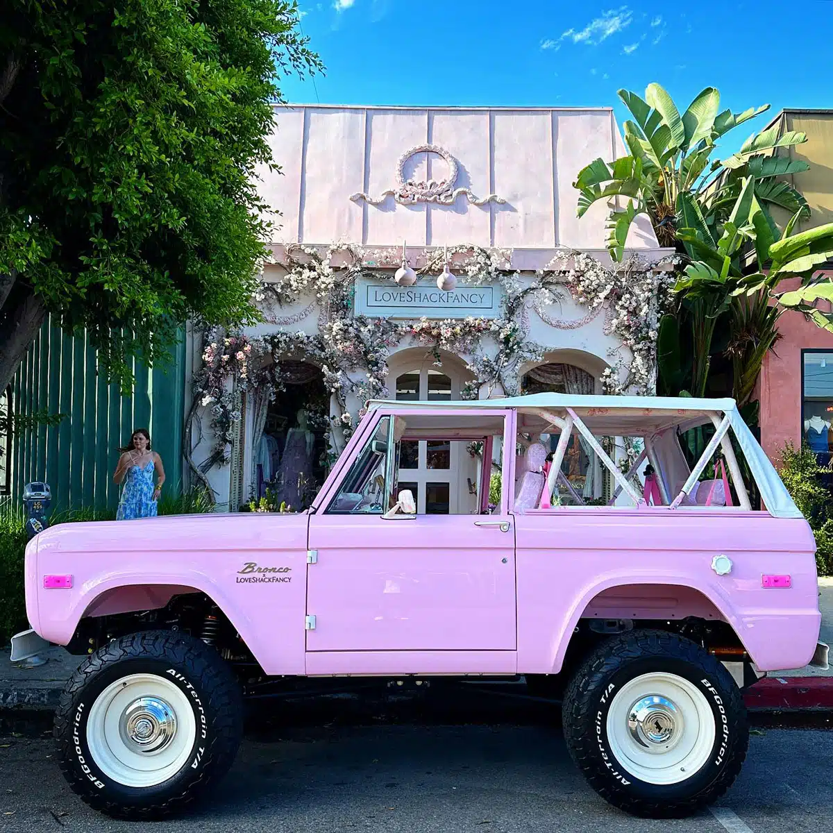 Vintage Bronco finished in @loveshackfancy Pink with 18 inch Wimbledon White wheels.jpg